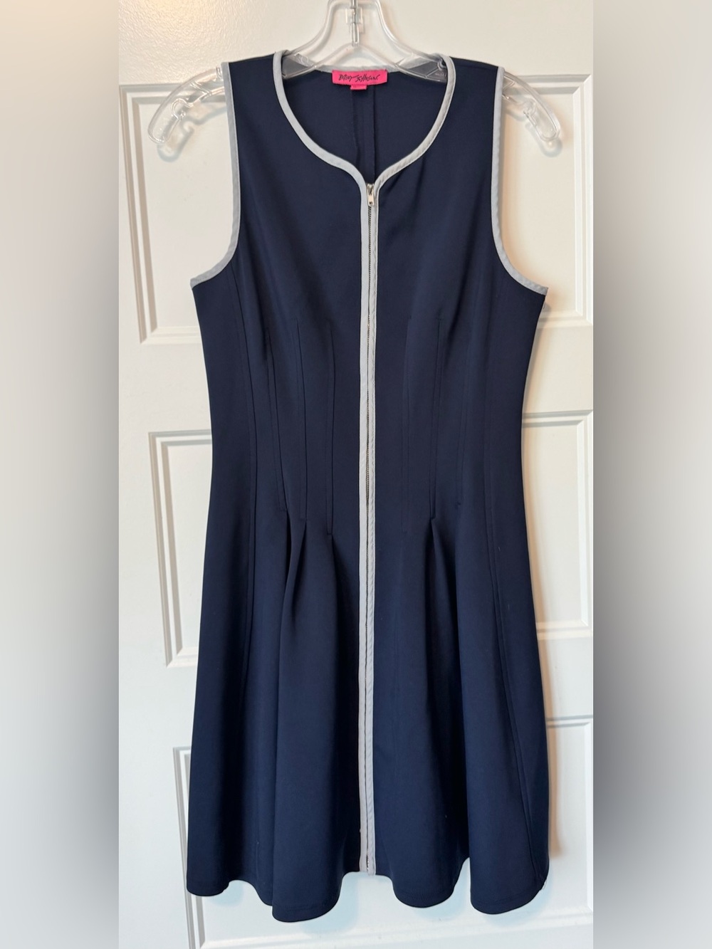 Betsey Johnson Navy Zip Front Fit & Flare Dress Contrast Trim Sleeveless Size 8